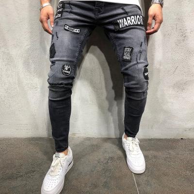 China 2023 New Style Waterproof Italian Men's Broken Emblem Pants Art Patch Skinny Bicycle Bleached Jeans Pants Slim Fit Men's Jeans for sale