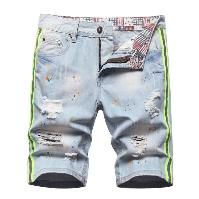 China Waterproof 2023 Summer Mens Light Blue Denim Jeans Shorts Knee Length Painted American Street Wear for sale