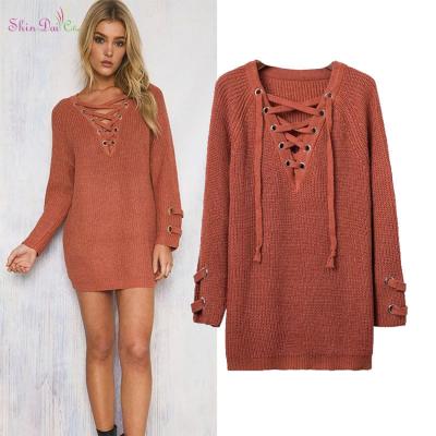 China Breathable Directly Selling New Factory Sexy Women's Girl's Knitwear Lace Up Pullover Sweater for sale