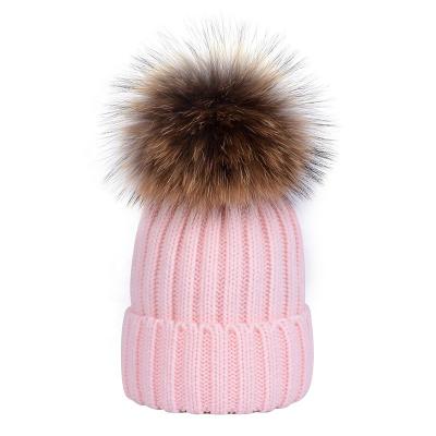 China JOINT wholesale cheap women knitting winter angora pink raccoon fur pom poms beanie hat for sale