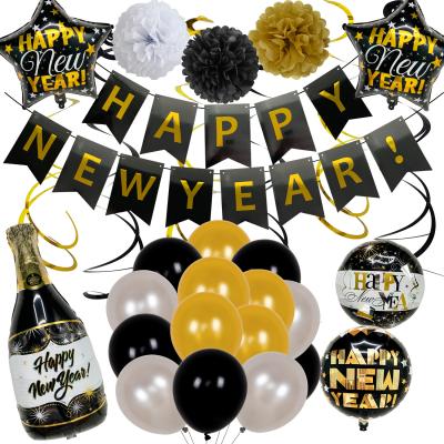 China Modern HAPPY NEW YEAR Foil Balloon Black Gold Confetti Balloon Banner Party Decoration Round Latex Balloons for sale