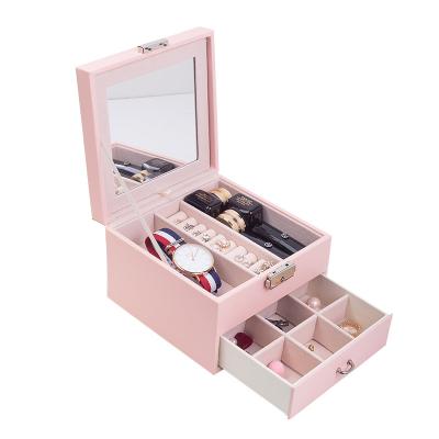 China Wholesale Luxury PU Leather Jewelry Box Drawer Large with Mirror Ring Earring Necklace Jewelery Storage Organizer Girl Gift for sale