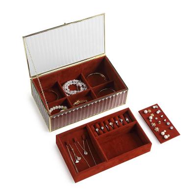 China Luxury Glass Earring Ring Jewelery Storage Case Necklace Metal Red Velvet Wholesale Jewelry Box Organizer For Wedding Gift for sale