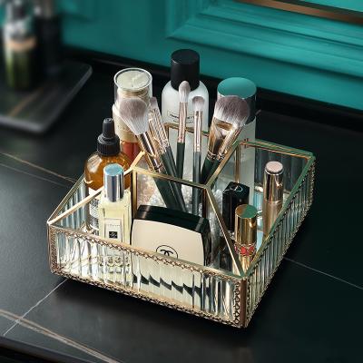 China Fashion Customized Luxury Square Rotating Makeup Case Organizer Clear Make Up Brush Holder Glass-metal Cosmetic Display Rack for sale