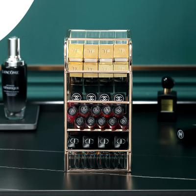 China Eco-friendly Luxury Clear Glass Four Layers Multi-Grid Makeup Rack Display Stand Lip Gloss Lip Case Storage Cosmetic Lipstick Case for sale