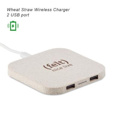 China Wheat Straw Square 2 USB Port Desktop Charger 10W Max Fast Wireless Plastic Mobile Phone Charger for sale