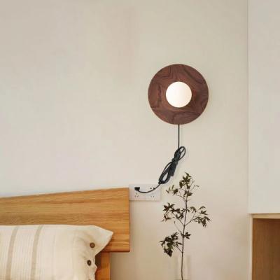 China Modern Plug In Walnut Round Modern Wooden Indoor LED Wall Lamp Bedroom Wood Minimalist LED Wall Sconce Light for sale