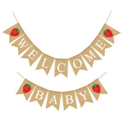 China Reusable Rustic Party Banners Strawberry Welcome Baby Burlap Banner Vintage Decoration Baby Shower Gender Reveal Supplies for sale