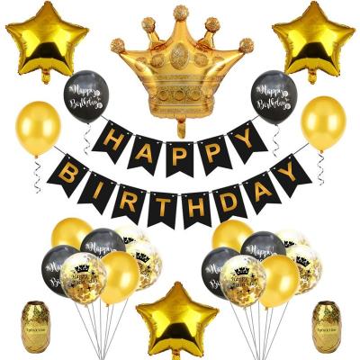 China Celebration Black Gold Birthday party decoration Star and Crown Foil Balloons Cupcake Topper Happy Birthday Banner Birthday Party Supplies for sale