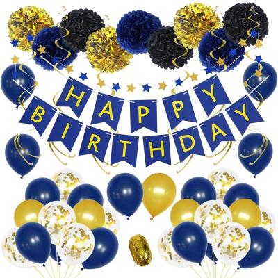 China Reusable Birthday Decorations Happy Birthday Banner Blue Gold Balloons Paper Pom Poms Birthday Balloons Party Supplies for sale