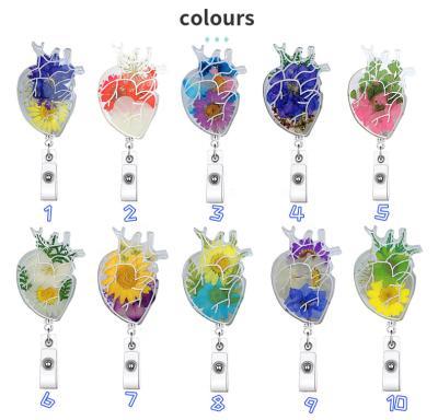 China Hold ID Card Custom Dried Leaf/Flower ID Badge Reel Floral Resin H eart Badge Holder Work Badge Gfit for Doctor Nurse for sale