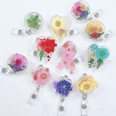 China ABS Plastic Badge Reel 2022 Custom Handmade Dried Pressed Flower   resin reel gift for nurse accessories stocking stuffer floral  Heart badge reel for sale