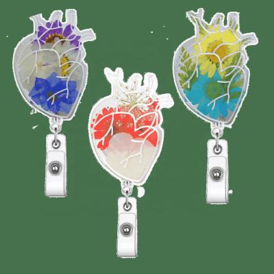 China ABS Plastic Badge Reel 2022 Custom Handmade Dried Pressed Flower   resin reel   Heart badge reel name tag holder edical accessories for nurses for sale