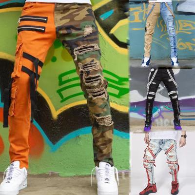 China QUICK DRY QC - Hot Selling 067 Fashion Men Jeans Pants Camouflage Straight Patchwork With Ribbons Ripped Cargo Mens Skinny Jeans for sale