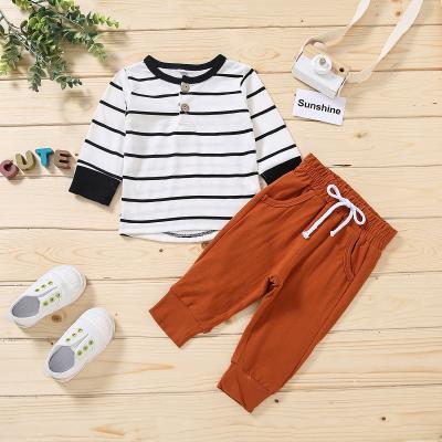 China Nylon / Cotton 2022 Boys Long Sleeve Hot Spring Brown Pullover Universal Striped Cotton Pants Set Trousers for sale