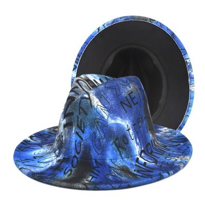 China Plush Tie Dye 2tone Fedora Hats Women Wholesale Wide Edge Graffiti Alphanumeric Printed Felt Fedora Hats for sale