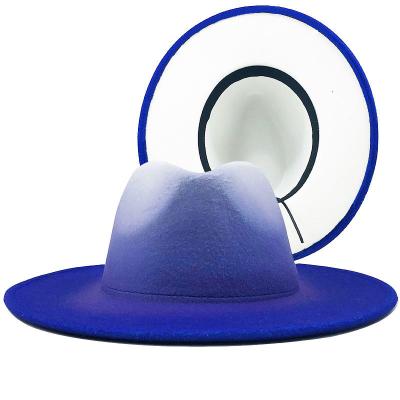 China Plush Vintage Mens Womens Wool Felt Elegant Gradient Royal Blue Trilby Fedora Hats Gentleman Wide Brim For Lady Winter Jazz Cowboy Caps for sale