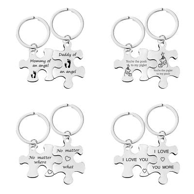 China Plastic Key Chain Stainless Steel Couple Puzzle Pendant Ornaments Valentine's Day Gift Lettering Metal Key Chain for sale