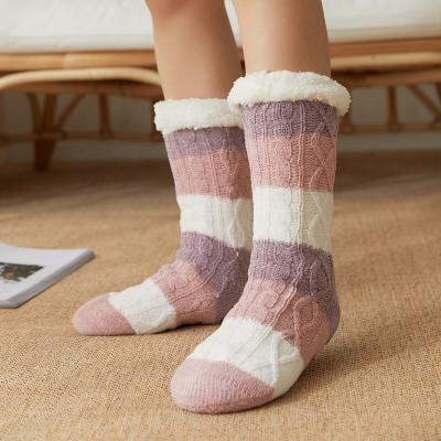 China Anti-Slip Ladies Girls Knitted Warm Winter Fleece Striped Thick Floor Home Stocking Slipper Socks With Anti-Slip Grips for sale