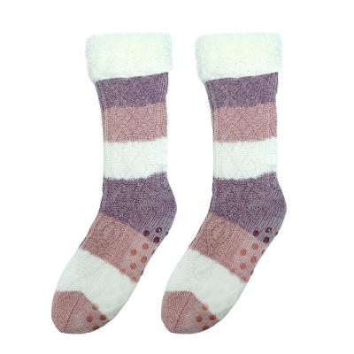 China Anti-Slip Ladies Girls Knitted Warm Winter Fleece Striped Thick Floor Home Stocking Slipper Socks With Anti-Slip Grips for sale