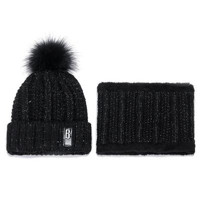 China Women Girls Ladies COMMON Fleece Striping Pom Pom Colorful Winter Hat Beanie Scarf Warm Knitted Set for sale