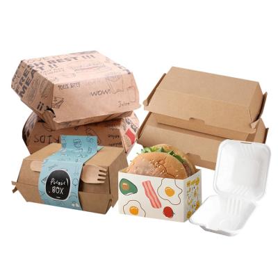 China Biodegradable Compostable Bagasse Clamshell Hamburger Takeout Packaging Boxes Wrapping Paper Hamburger Box for sale