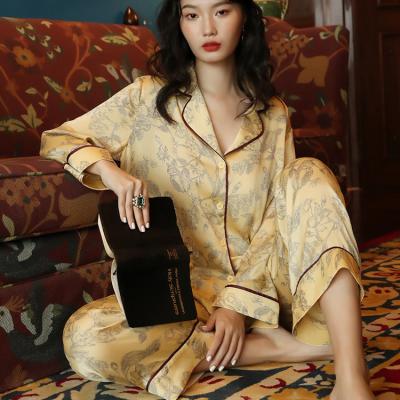 China High Quality Breathable Silk Sleepwear Women's Jacquard Satin Printed Long Sleeve Two Piece Pajamas for sale