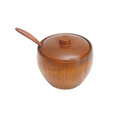 China Sustainable Wooden Salt Pot Wooden Sugar Bowl With Spoon And Lid for sale