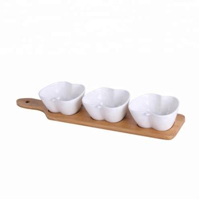 China Sustainable Ceramic Bamboo Appetizer Tray And Tray Rack Set for sale