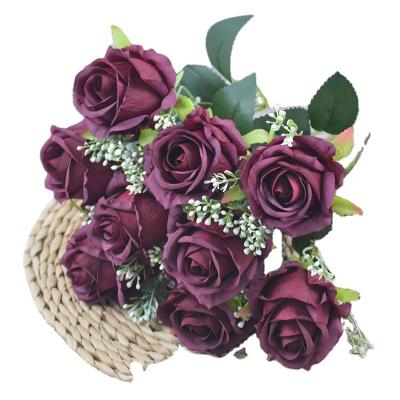 China We have Nine Heads Wholesale Colorful Smart Rose Rose Bunch Artificial Flowers China Silk 9 Heads For Home Wedding Decoration for sale