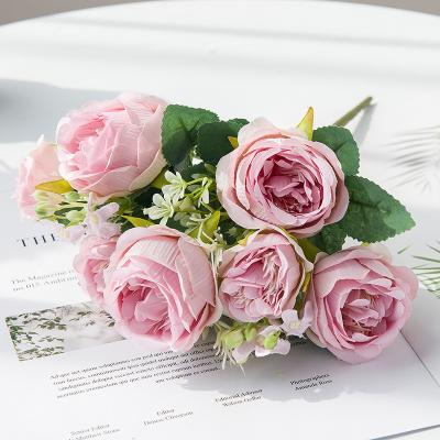 China High Simulation Peonies Artificial Flowers Decoration Faux Light Pink Roses Flower Fake Bouquet for sale