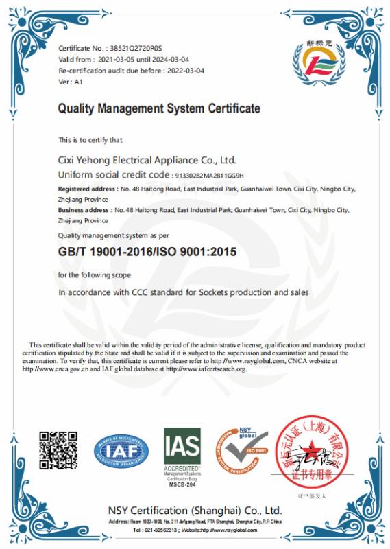 ISO9001 - Cixi Yehong Electric Appliance Co., Ltd.