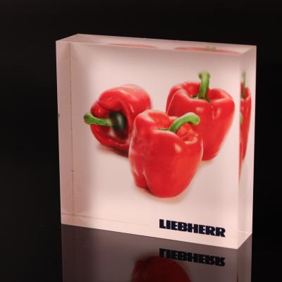 China Clear Clear Colorful Acrylic Plexiglass Fruit Cube Photo Display Brand Logo Block for sale