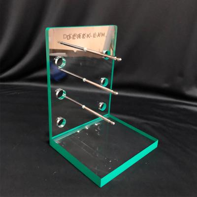 China Cheap Clear Clear Acrylic 3 Pairs Perspex Sunglass Stand Acrylic Free Standing Eyewear Display Stand With Green Edge Factory Custom for sale