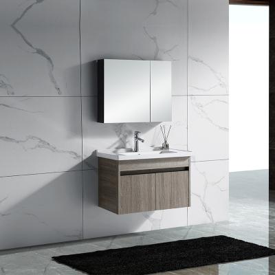 China Wood Grain Color Bathroom Cabinet Modern Floating Aluminum Bathroom Vanity Set With Mirror Cabinet for sale