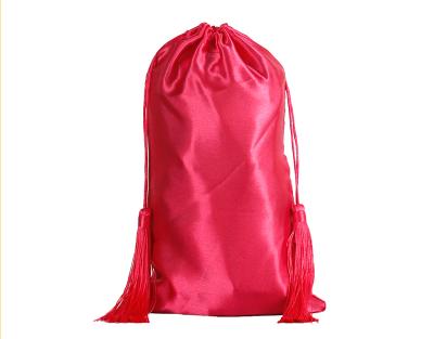 China Popular Hair Extension Large Satin Drawstring Bag Logo Hair Packaging Satin Bags Custom Made With Tassel for sale