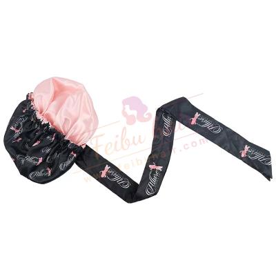 China Wholesale Custom Checked Brand Logo Hair Hood With Ties Long Satin Sleep Hood for sale