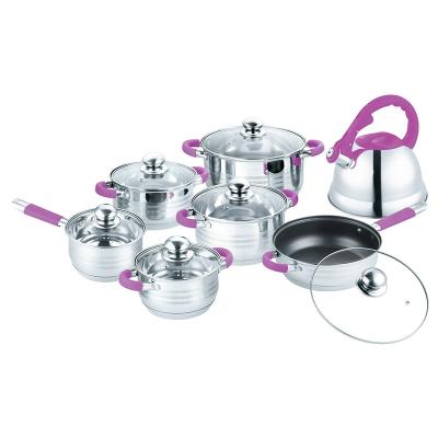 China Sustainable High Quality Mirror Polishing Stainless Steel 14pcs Silicone Cover Hot Pink Cookware Set for sale