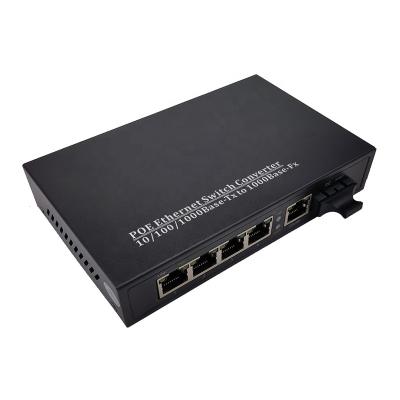 China FTTH FTTB FTTC Dual Fiber SC to 5 RJ45, 5 x 10/100/1000Base-Tx 1000Base-Fx to Single Mode 20km Gigabit PoE Fiber Media Converter Switch for sale