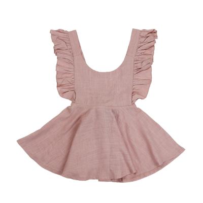 China Anti-wrinkle pink bow girl ruffle dress summer 0-6 years old baby dresses 100% linen dress for sale