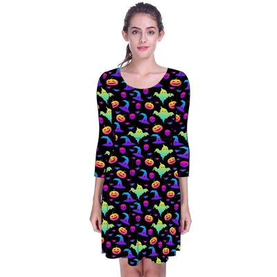 China Custom Dry Cleaning Christmas Style Printed Autumn Women Christmas Dress Cheap Ladies Swing Halloween Casual Dress for sale