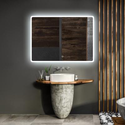 China Contemporary backlit switch touch mirror hotel use bathroom blue LED senor speaker illuminated mirror for sale