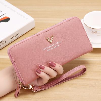 China Lady Money Clips Phone Bag of Retro PU Zipper Anti-theft Female Clutch New Long Wallet Student Daily Wristband Bag Leather Card Holder Women for sale