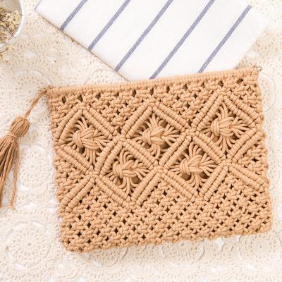 China Fashion Simple Tassel Women Handmade Knitted Cotton Crochet Purse Weave Clutch Bag Summer Vacation Travel Beach Shoulder Handbags for sale