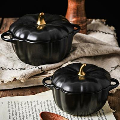 China Pumpkin Viable Ceramic Bowl Porcelain Dinnerware Dinner Set Binaural Cooking Black Soup Bowl With Lid for sale