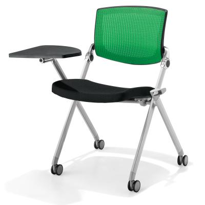 China Fine Workmanship Mesh Folding Chair With Wheels Cheap Office Training Chair With Tablets For Training Room for sale