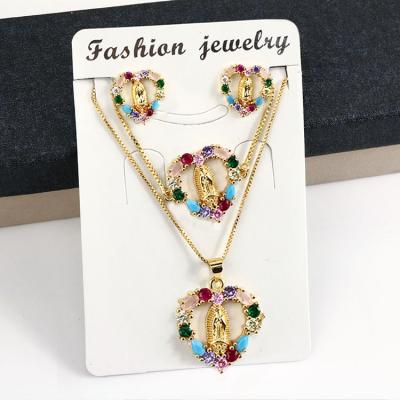 China S11057 Bling CLASSIC Rainbow Zircon Jewelry Sets Blessed Virgin Mother Mary Earring Necklaces And Bracelet Jewelry For Women for sale