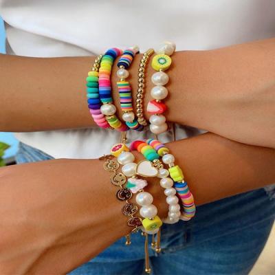 China Trendy BB1036 Heishi Vinyl Freshwater Pearl Beaded Polymer Clay Beads Disk Bohemian Bracelets Bangles for sale