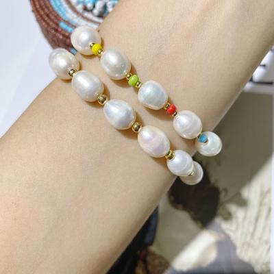 China BB1035 Trendy Chic Colorful Rainbow Seed Pearl Gold Accents and Elastic Freshwater Pearl Bracelets for sale