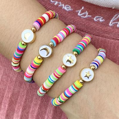 China Rainbow Vinyl Records FASHIONABLE Bohemian Heishi Elastic Polymer Beaded Handmade Crescent Moon Disc Bead Gold Enamel Star Heart Hamsa Bracelets, for sale